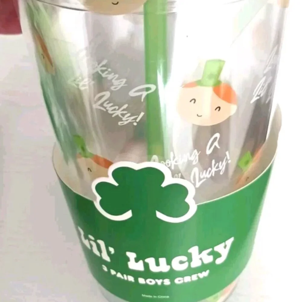 St. Patrick's Day Born Lucky Youth 3-Pack Socks + Reuseable Cup -New Tags